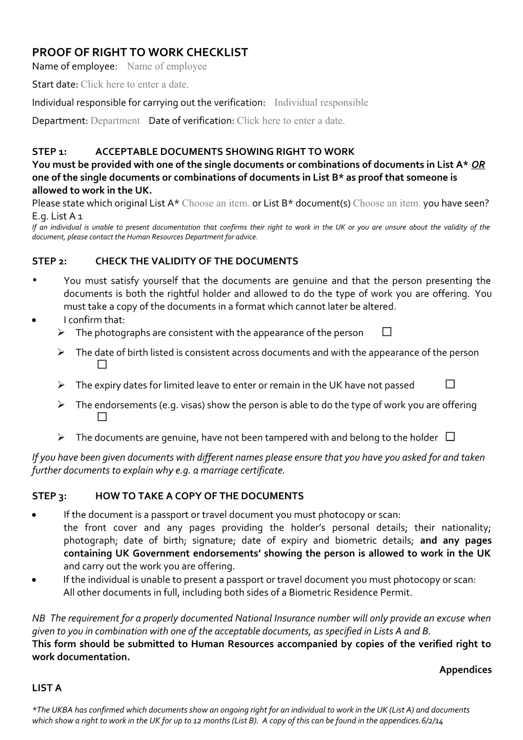 Proof of Right to Work Checklist
