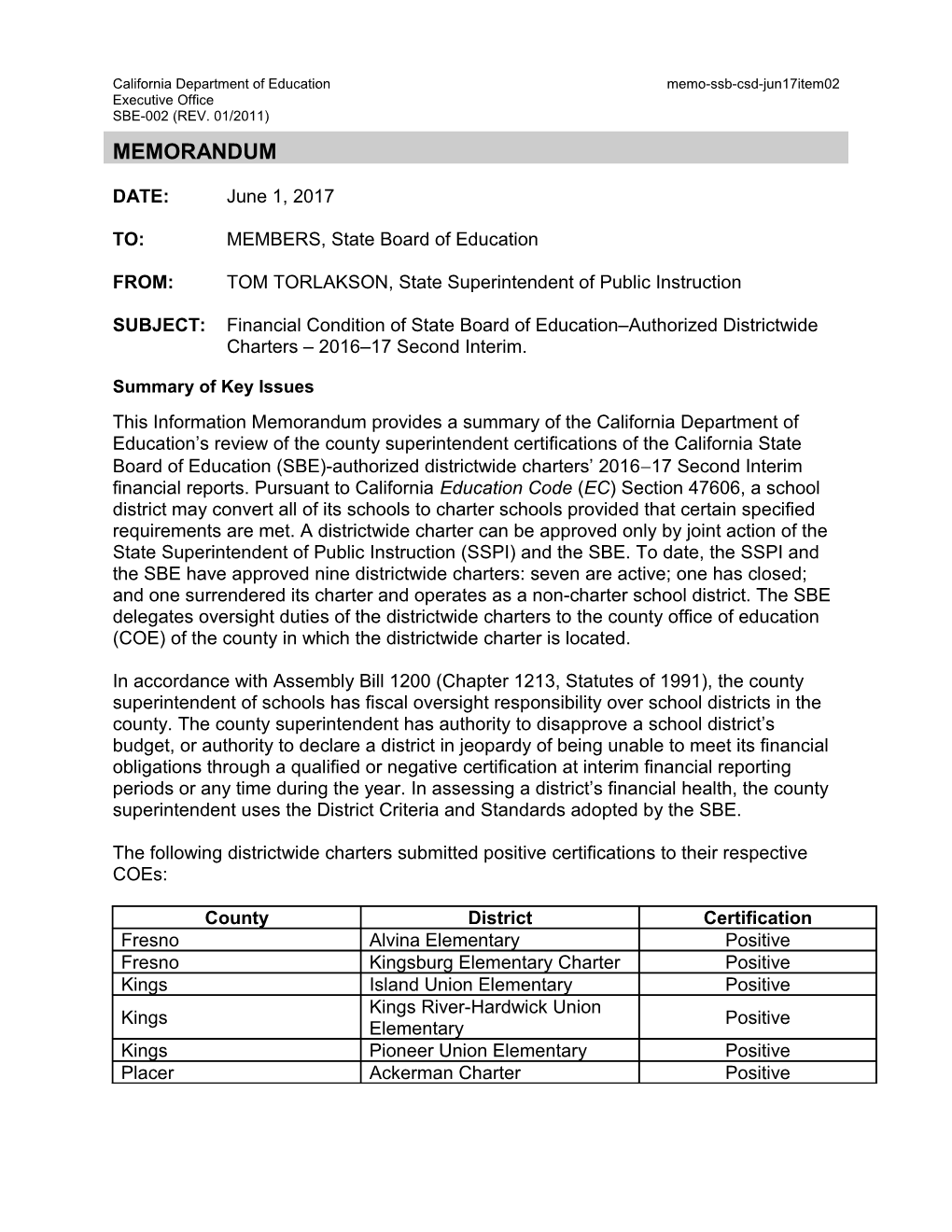 June 2017 Memo CSD Item 02 - Information Memorandum (CA State Board of Education)