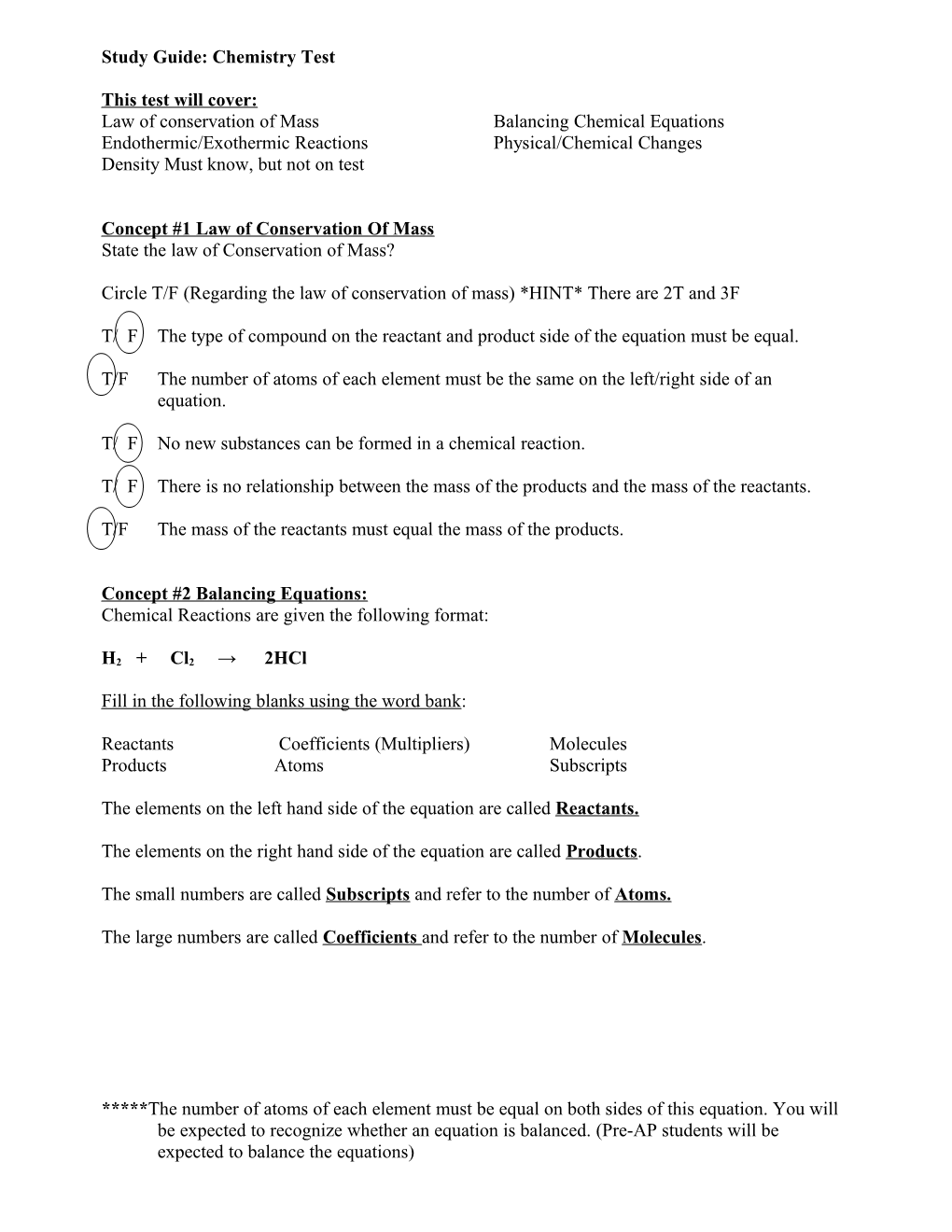 Study Guide: Chemistry Test