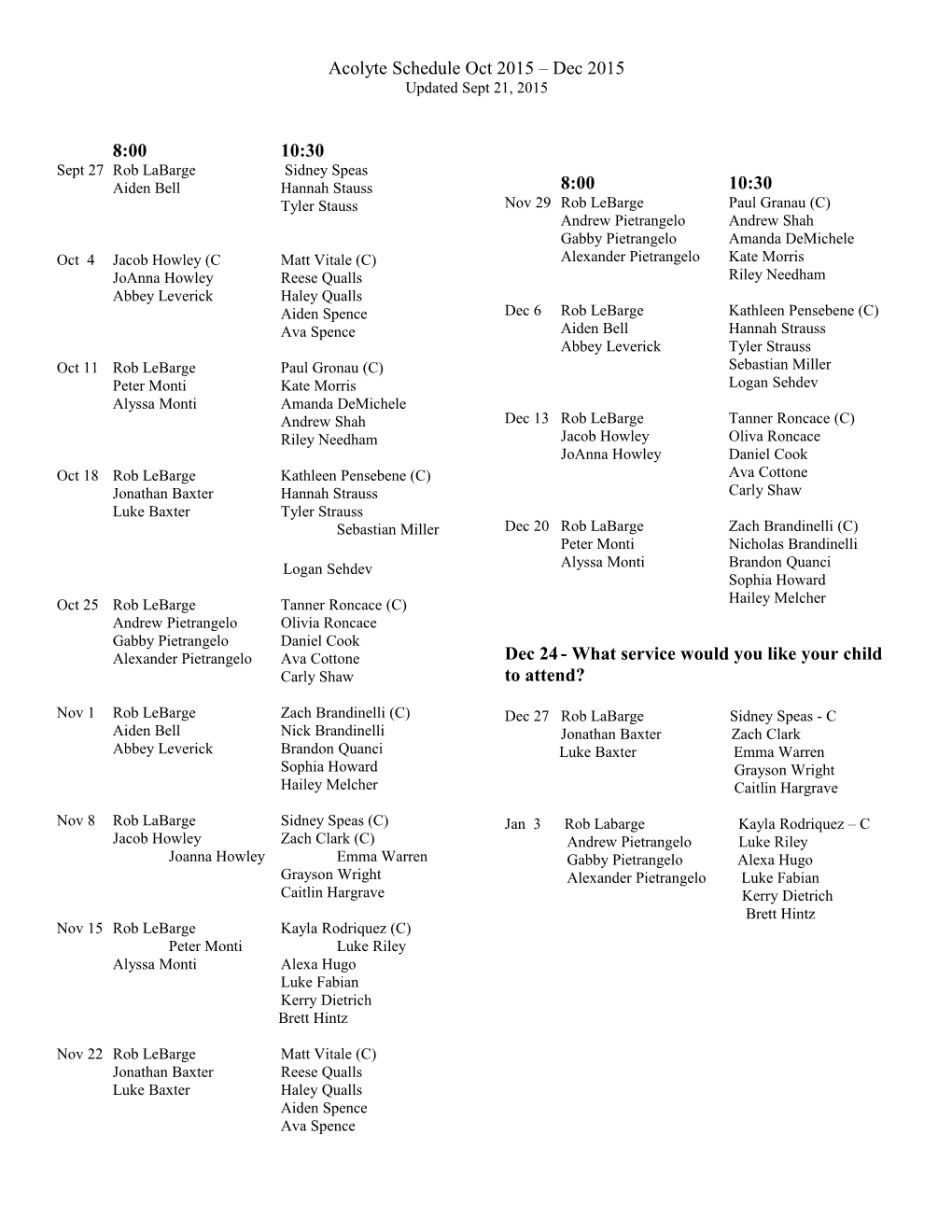 Acolyte Schedule Oct 2015 Dec 2015