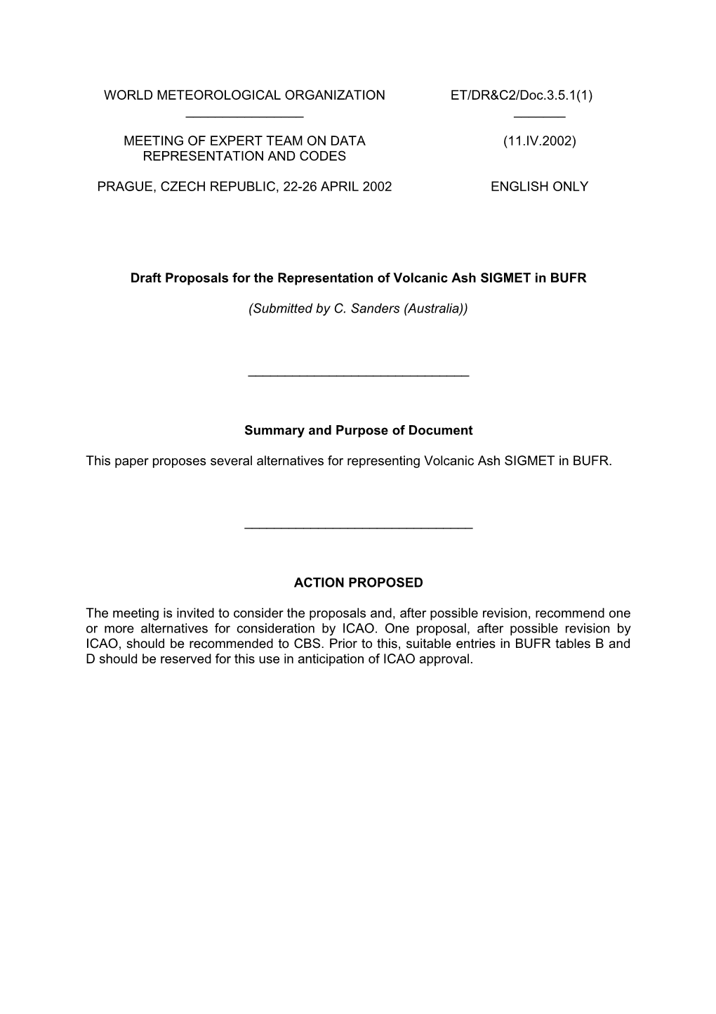 Draft Proposals for the Representation of Volcanic Ash SIGMET in BUFR