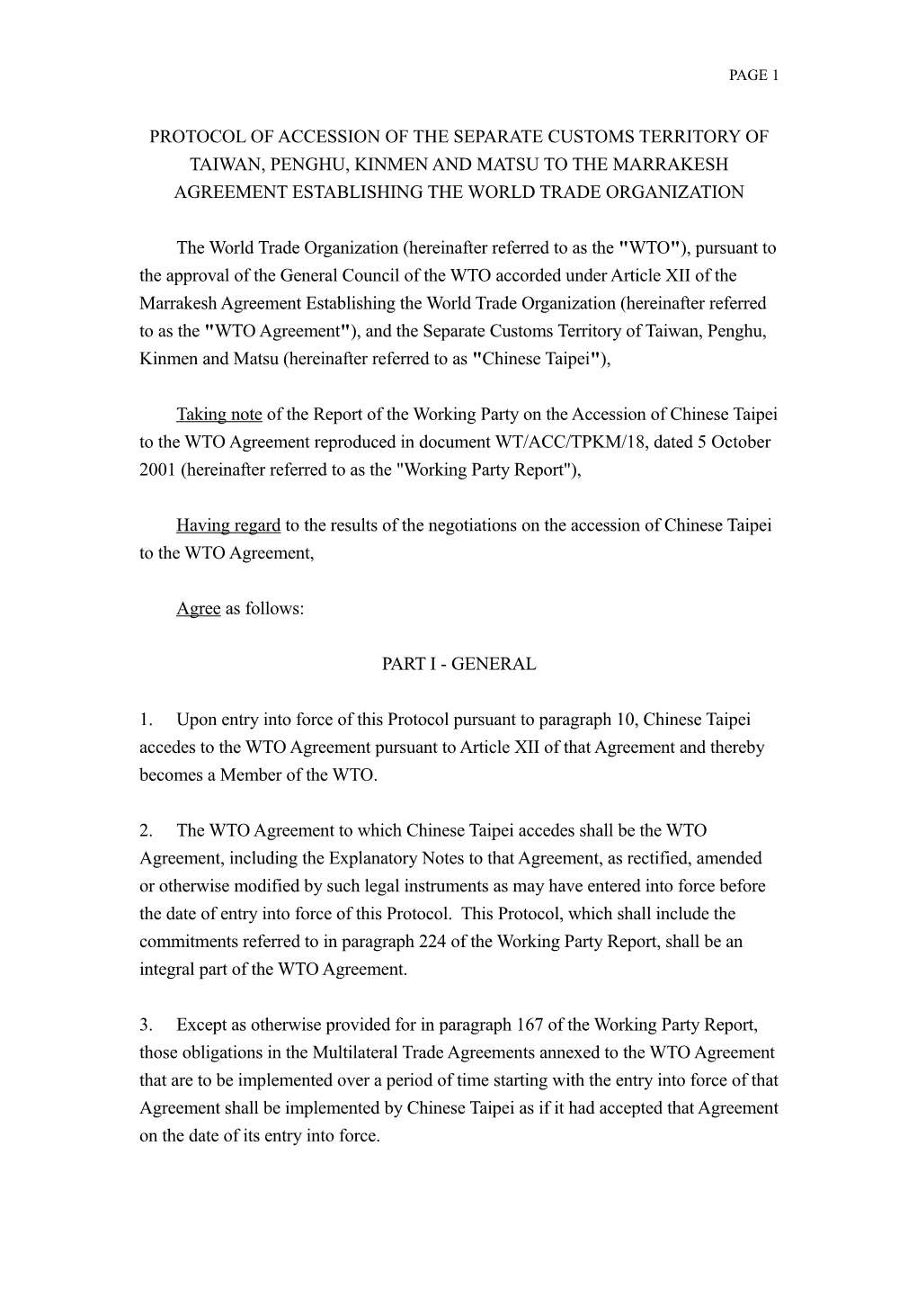 Protocol of Accession of the Separate Customs Territory of Taiwan, Penghu, Kinmen and Matsu