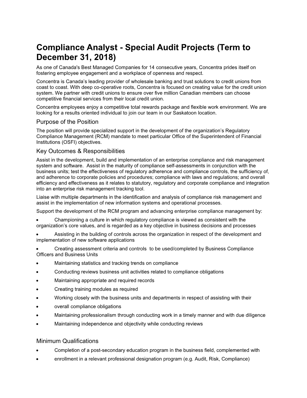 Compliance Analyst - Special Audit Projects (Term to December 31, 2018)