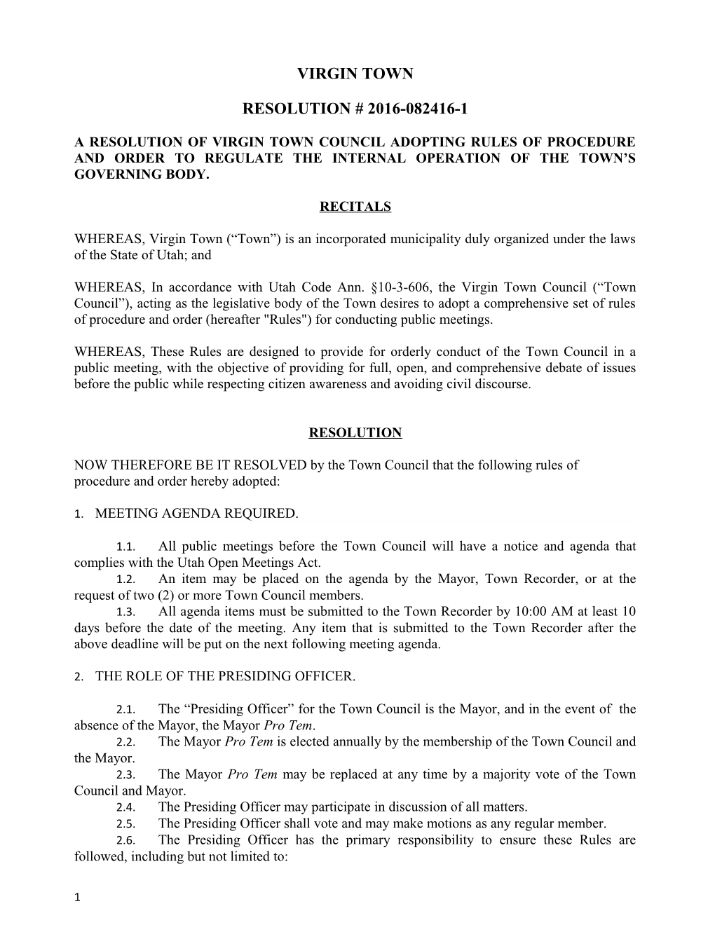 A Resolution of Virgin Town Council Adopting Rules of Procedure and Order to Regulate