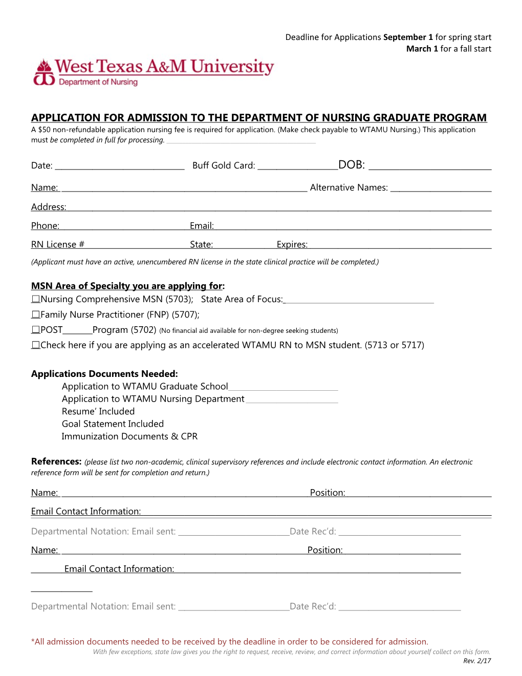 Application for Admission to the Department of Nursing Graduate Program