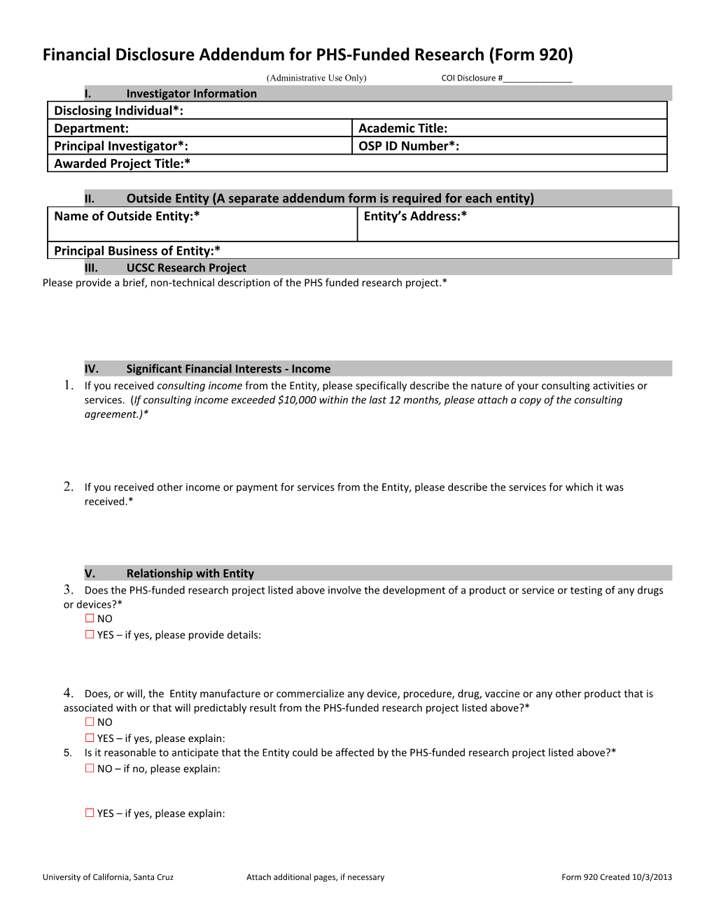 Financial Disclosure Addendum for PHS-Funded Research (Form 920)