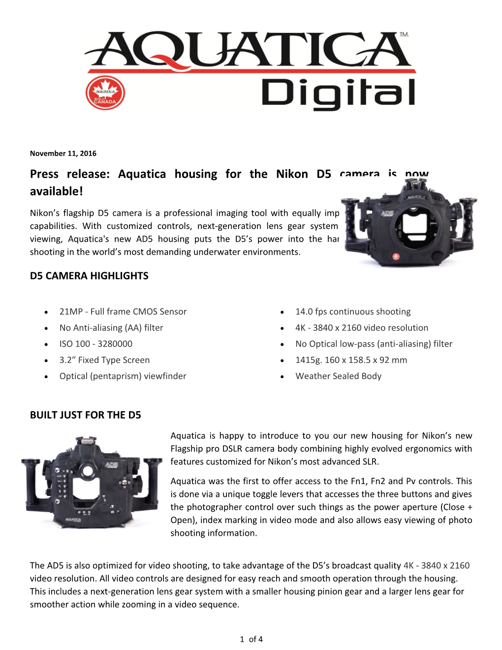 Press Release: Aquatica Housing for the Nikon D5 Camera Is Now Available!