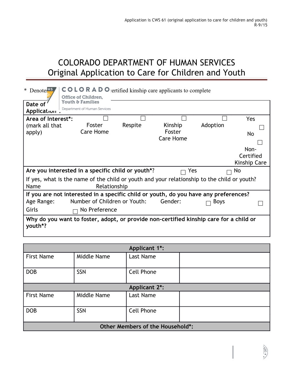COLORADO DEPARTMENT of HUMAN SERVICES Original Application to Care for Children and Youth
