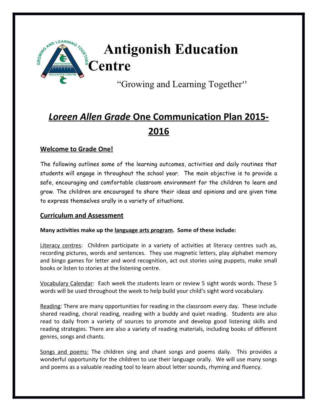 Loreen Allen Gradeone Communication Plan 2015-2016