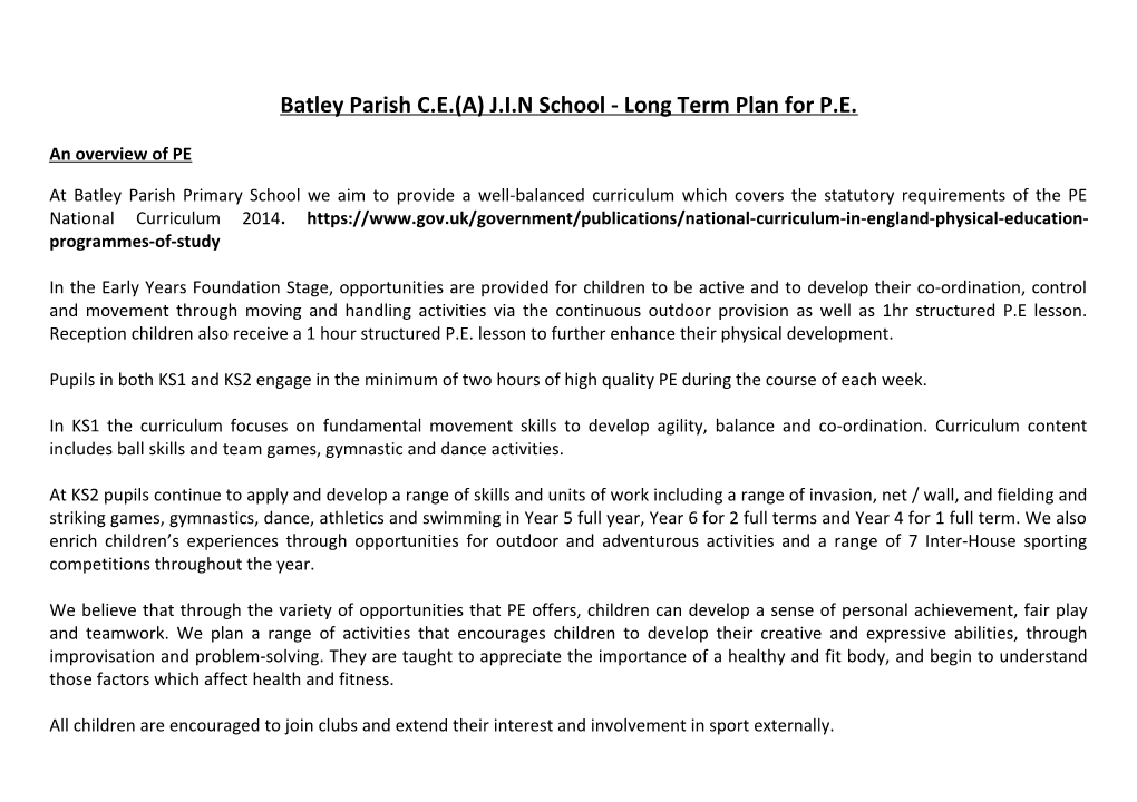 Batley Parish C.E.(A) J.I.N School - Long Term Plan for P.E