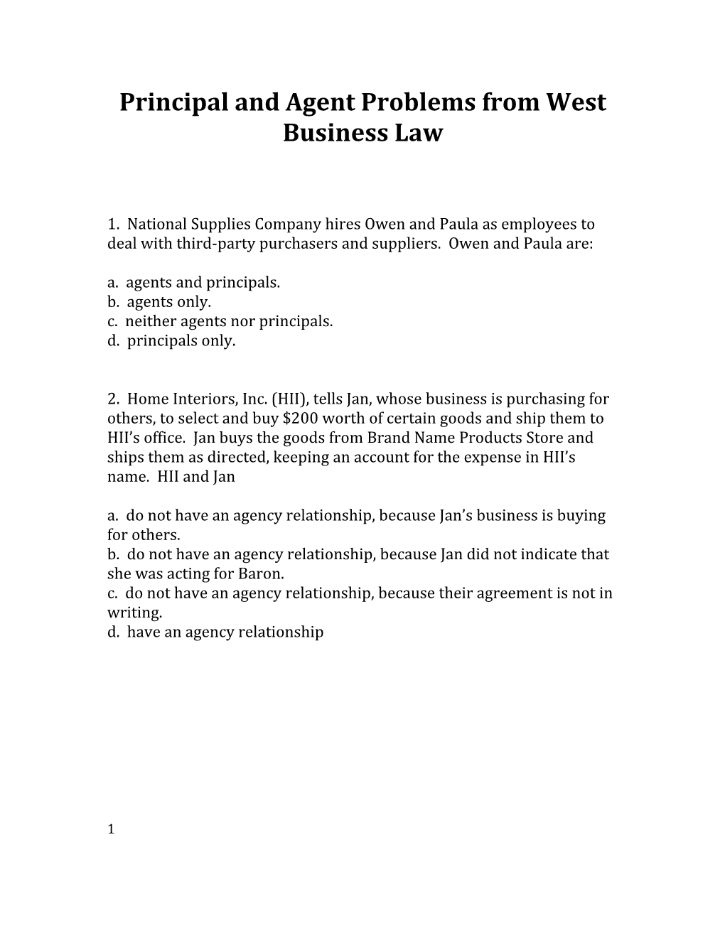 Principal and Agent Problems from West Business Law