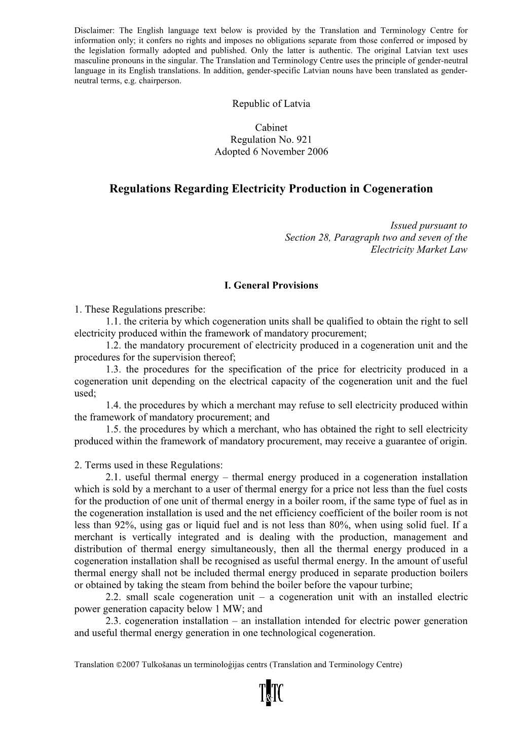 Regulations Regarding Electricity Production in Cogeneration