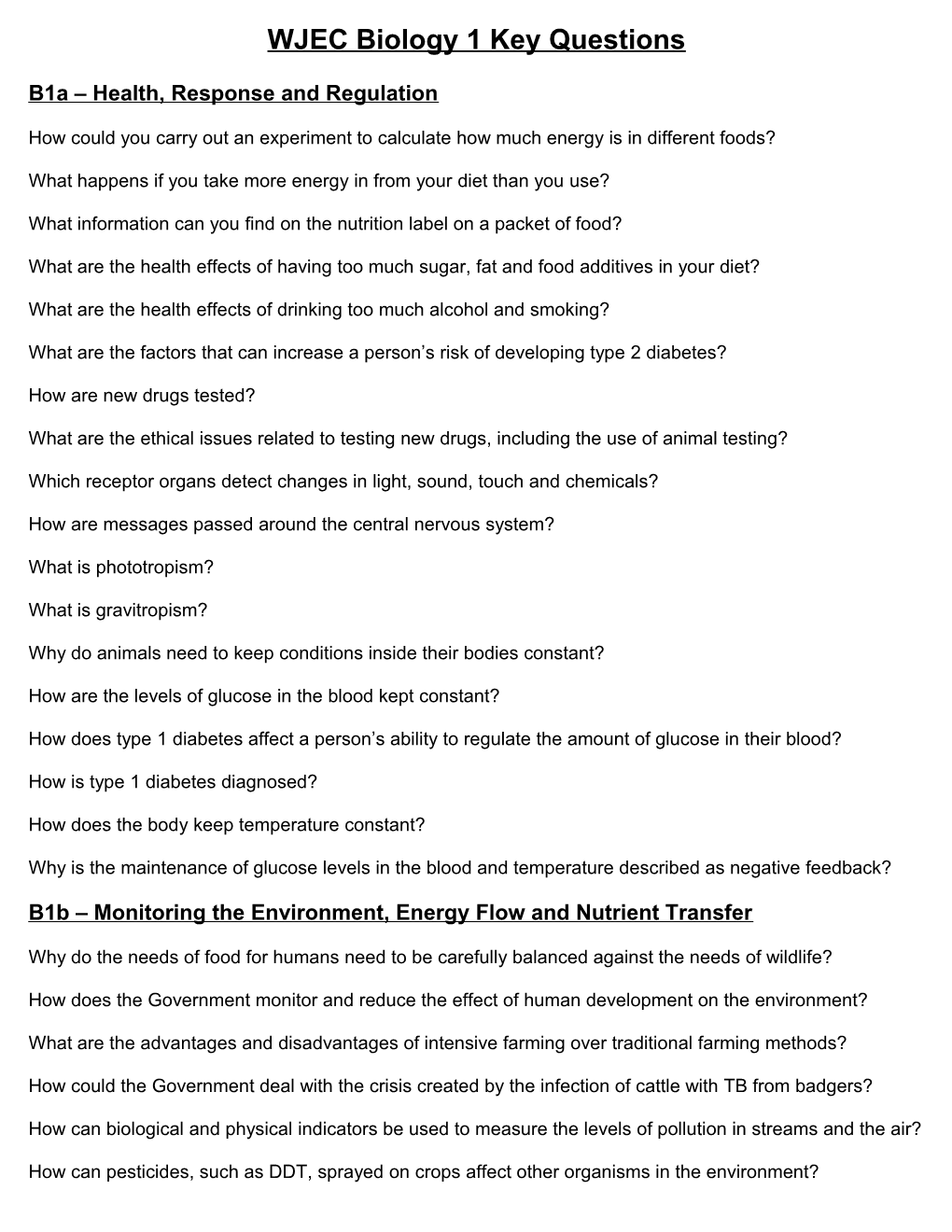 WJEC Biology 1 Key Questions