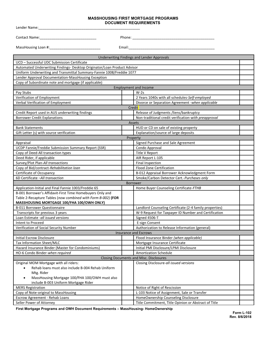 Form #L-102: First Mortgage Programs Document Checklist