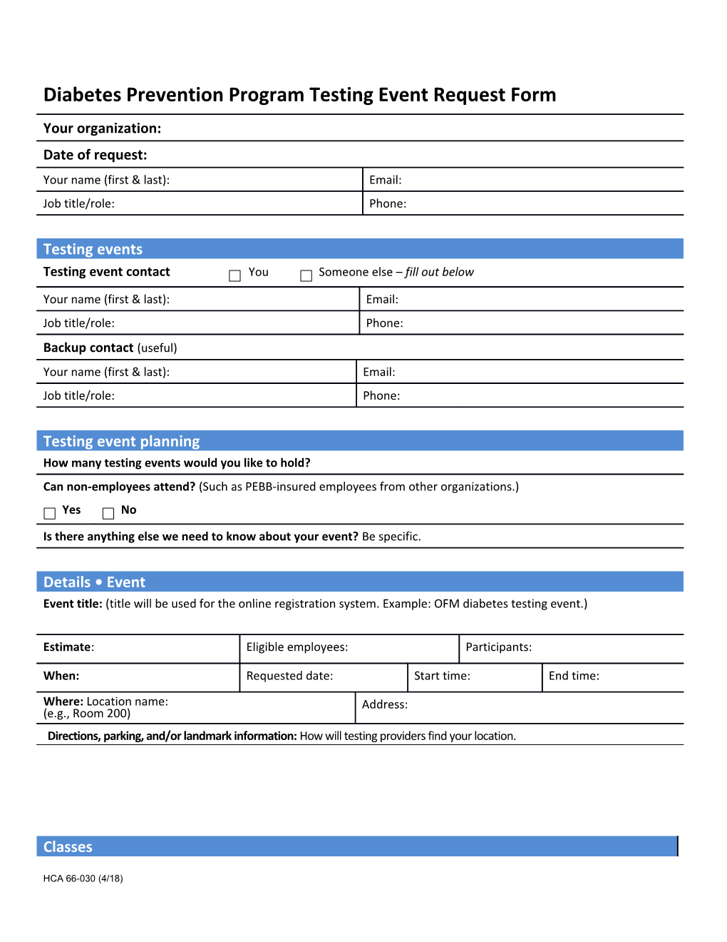 Diabetes Prevention Program Testing Event Request Form