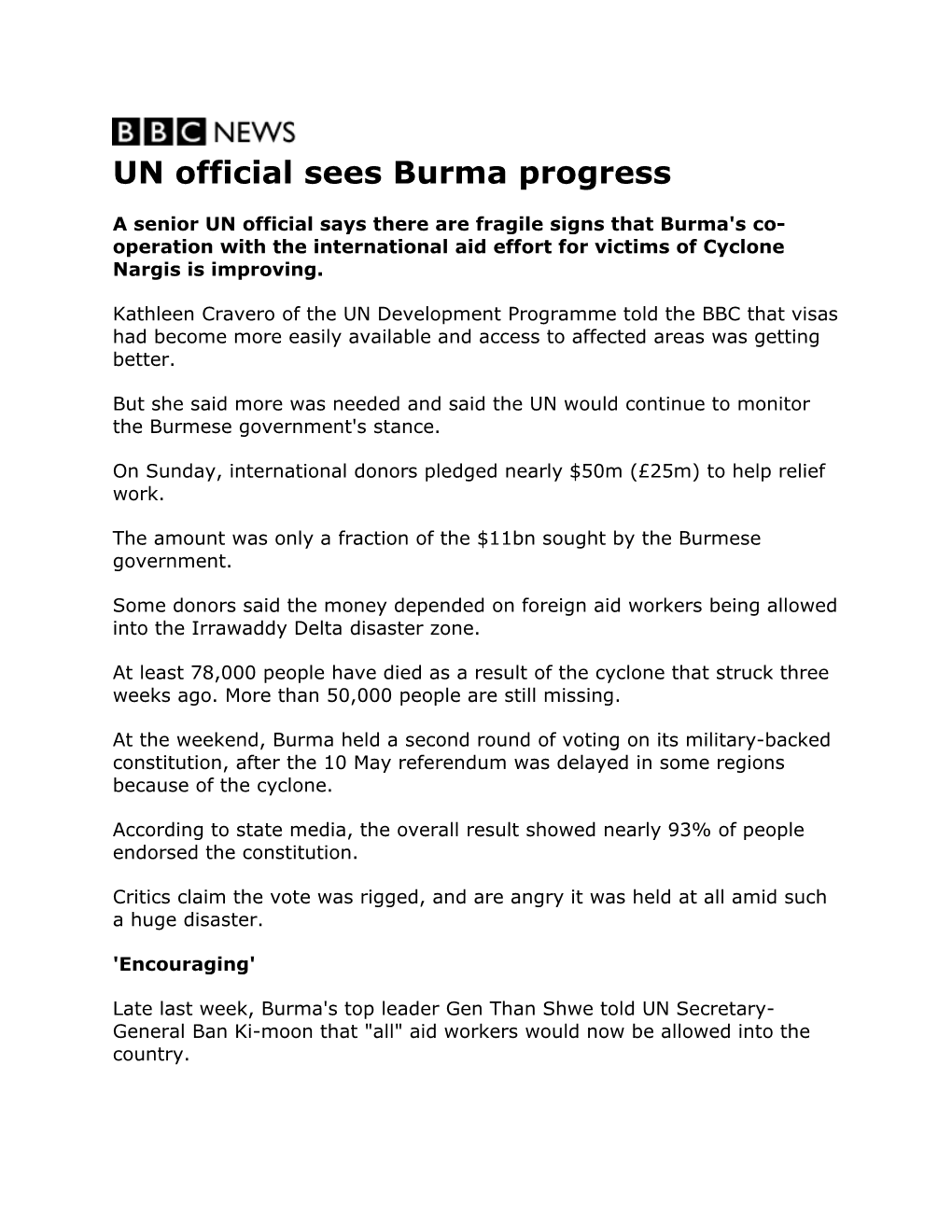UN Official Sees Burma Progress