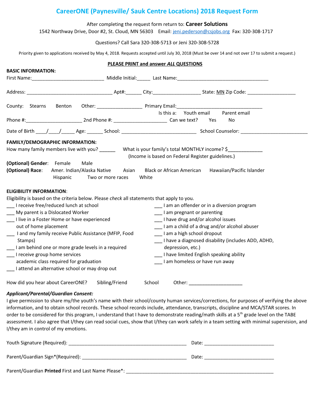 Careerone(Paynesville/ Sauk Centre Locations) 2018 Request Form