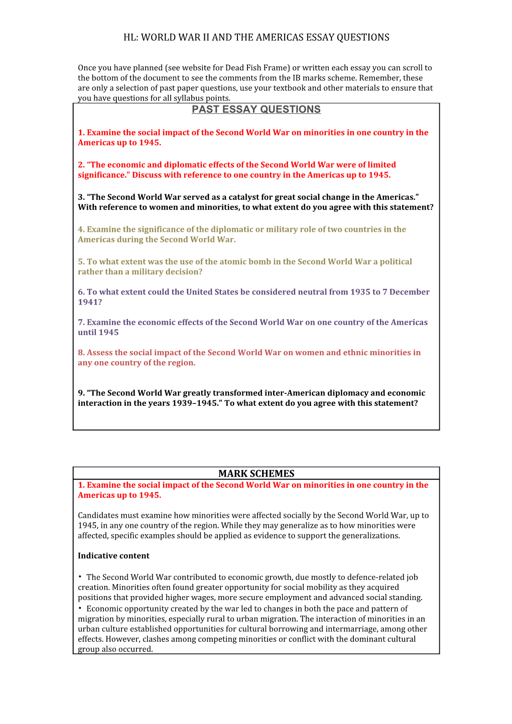 Hl: the Cold War and the Americas Essay Mark Schemes