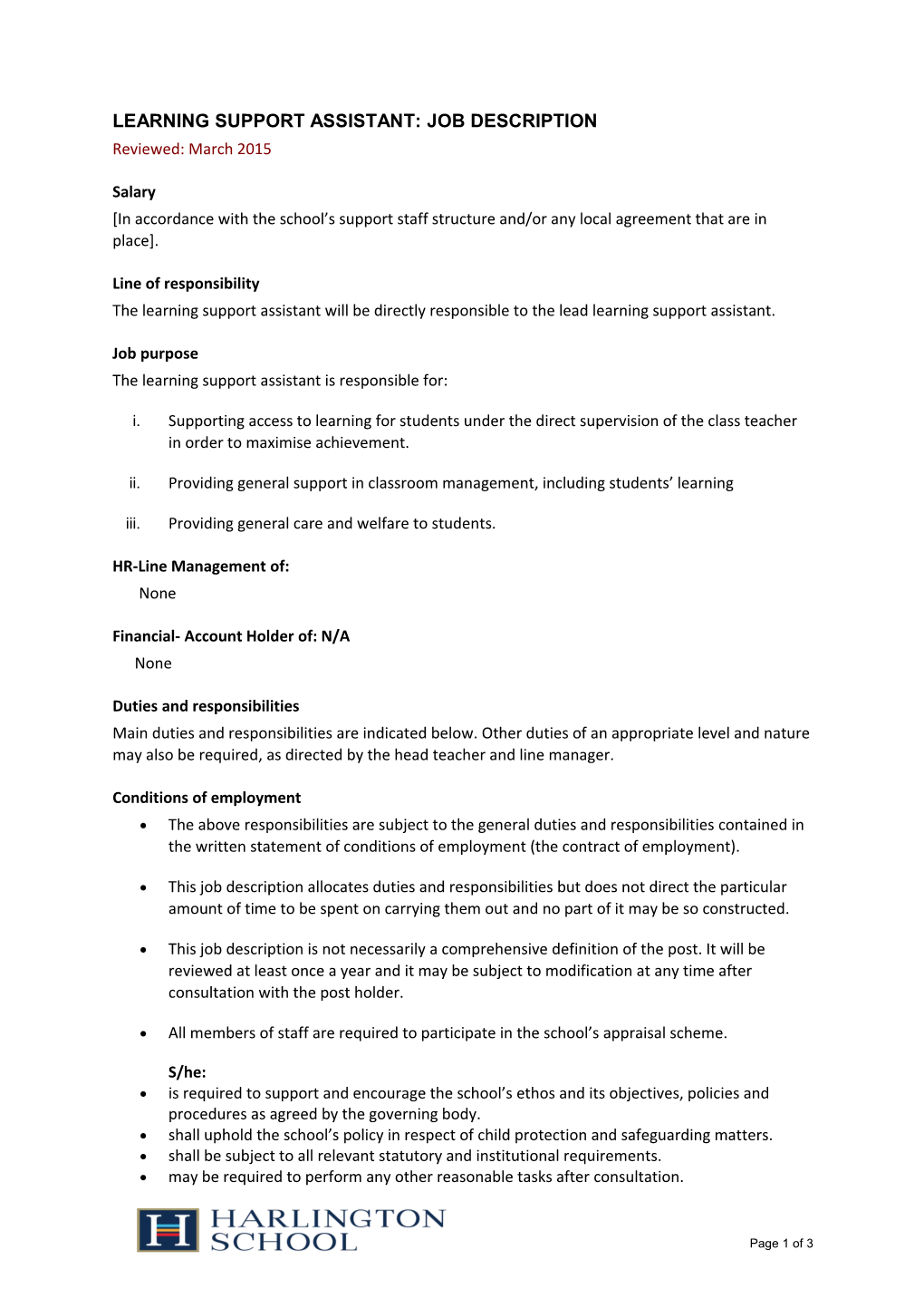 Teaching Assistant (Level 1): Job Description