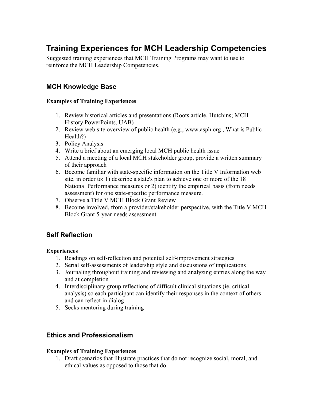 Training Experiences for MCH Leadership Competencies