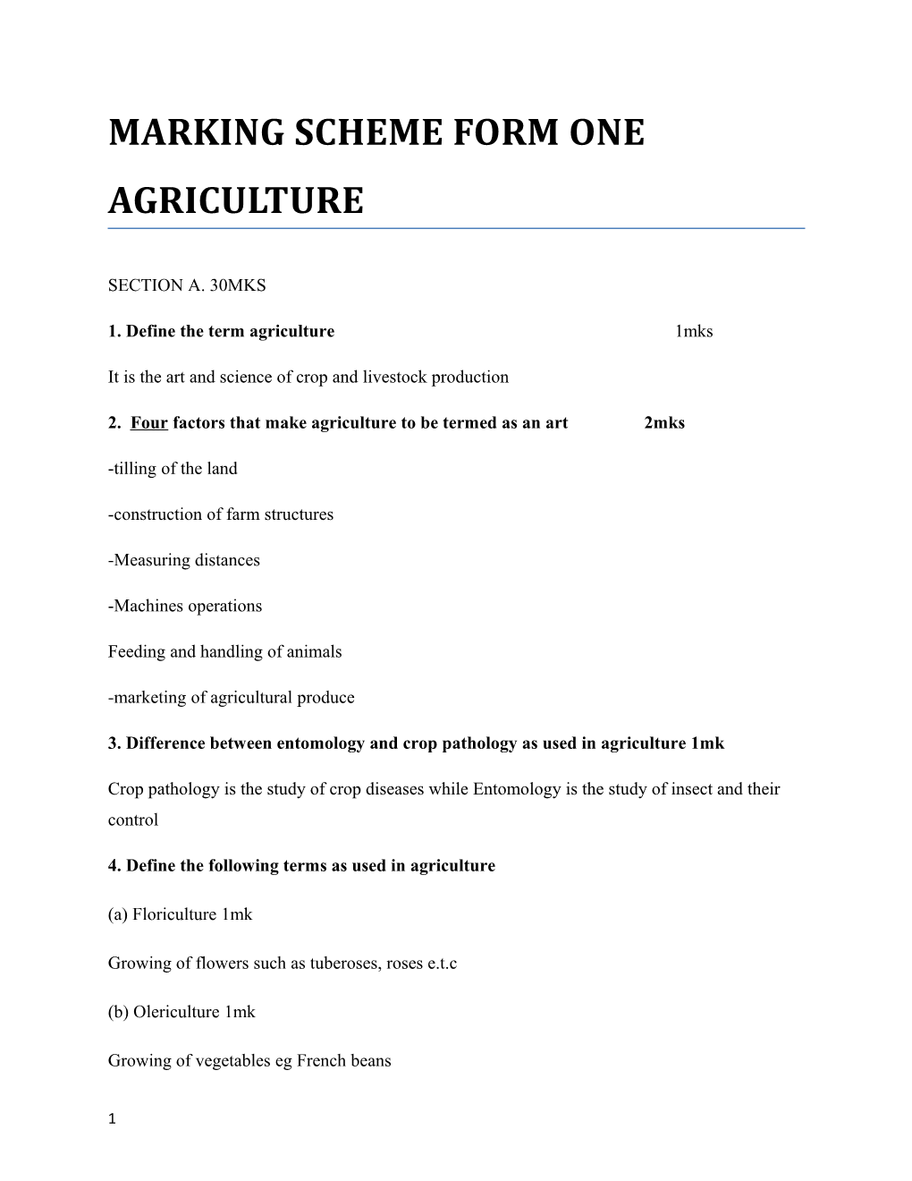 Marking Scheme Form One Agriculture
