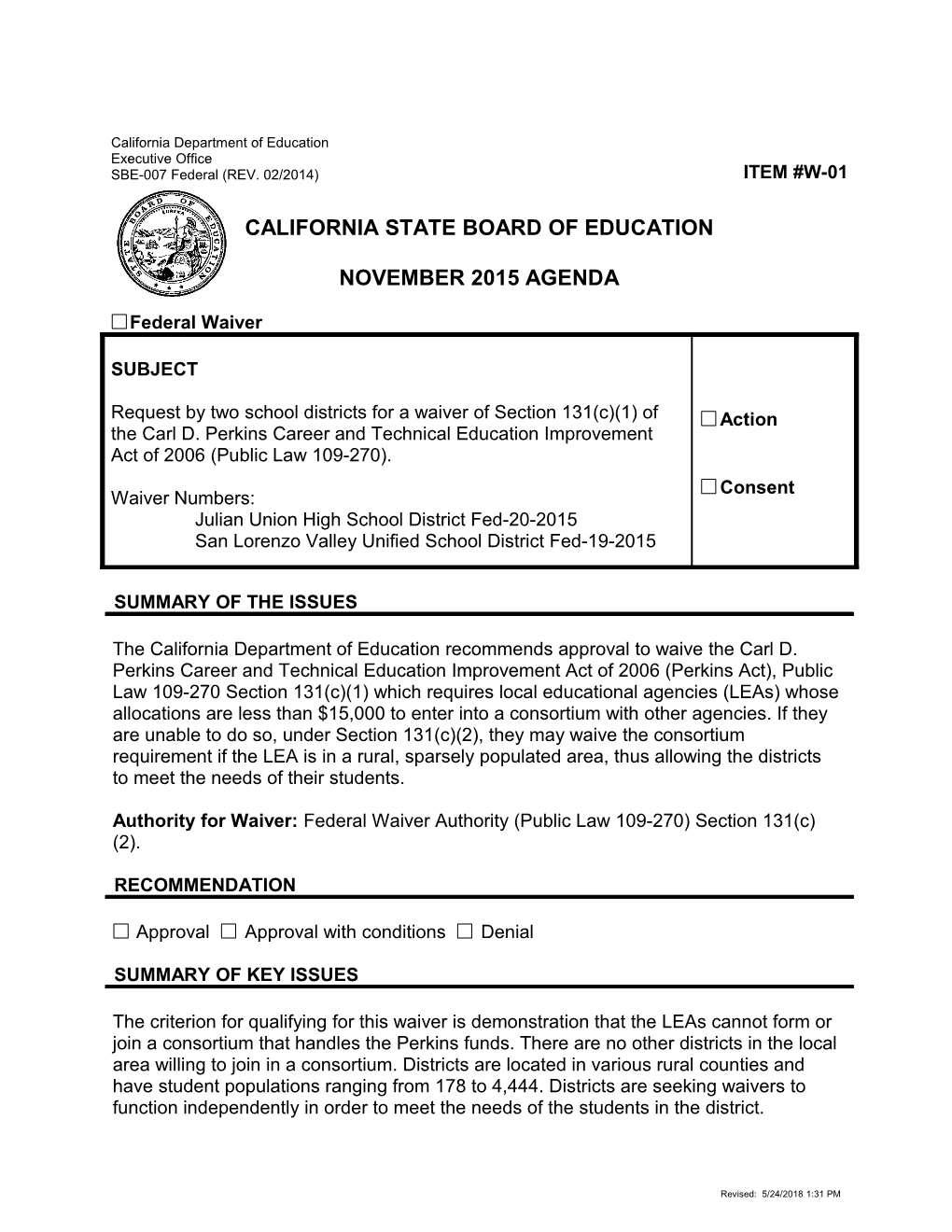 November 2015 Waiver Item W-01 - Meeting Agendas (CA State Board of Education)