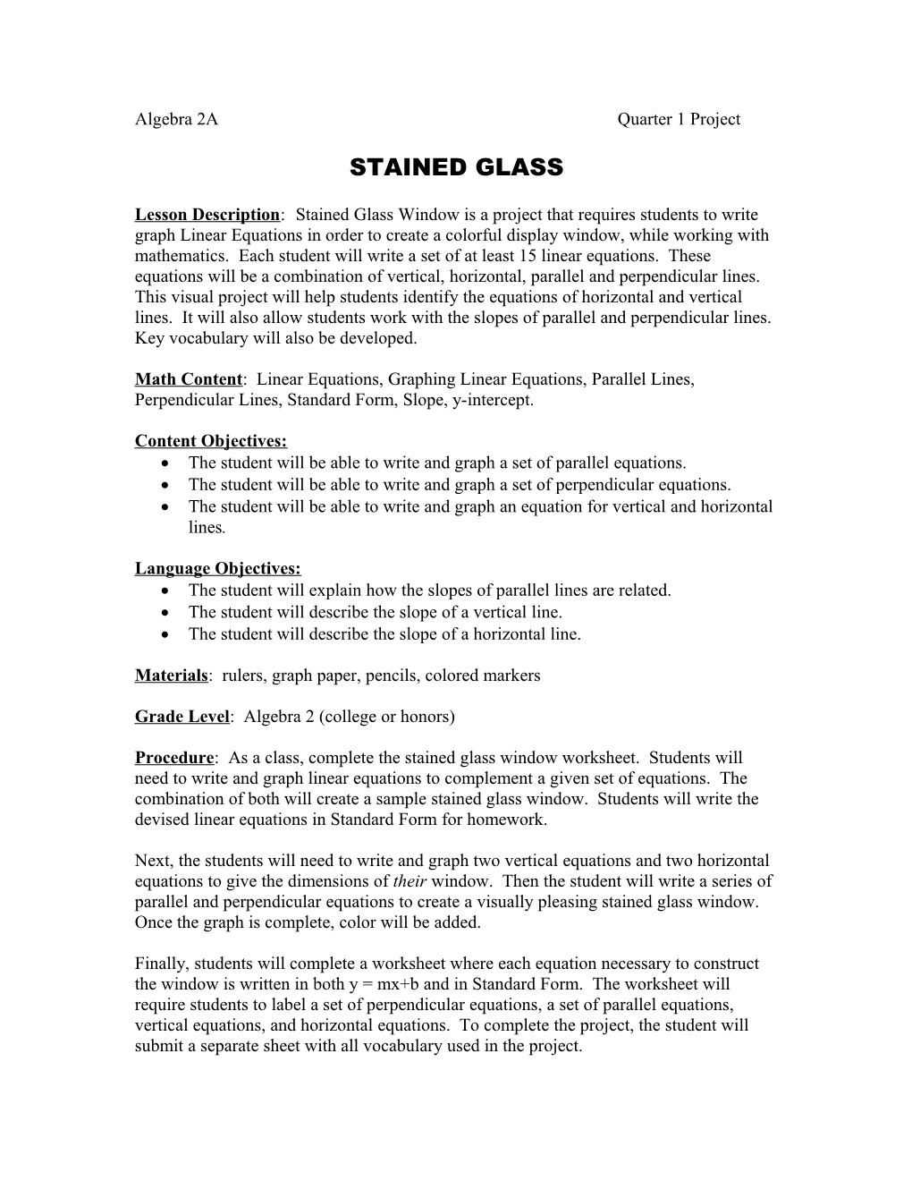 Algebra 2A Quarter 1 Project