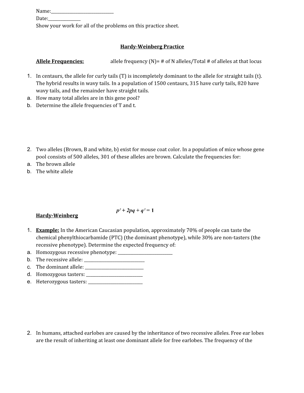 Show Your Work for All of the Problems on This Practice Sheet