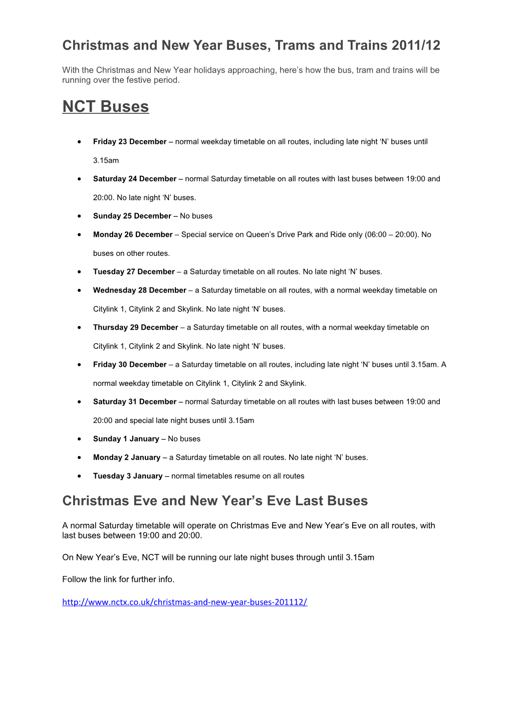 Christmas and New Year Buses, Trams and Trains 2011/12