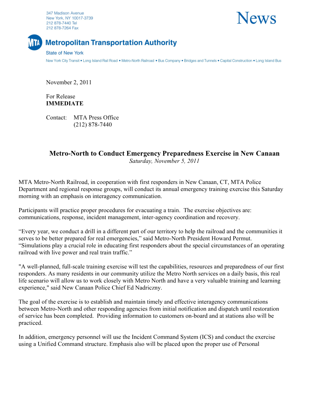 Metro-North to Conduct Emergency Preparedness Exercise in New Canaan
