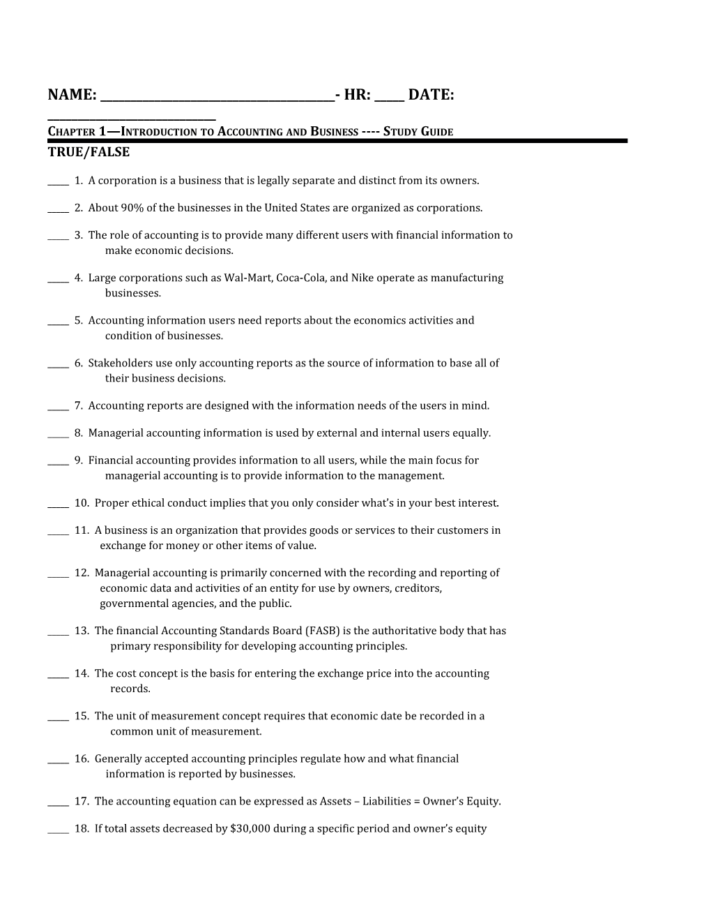 Chapter 1 Introduction to Accounting and Business Study Guide