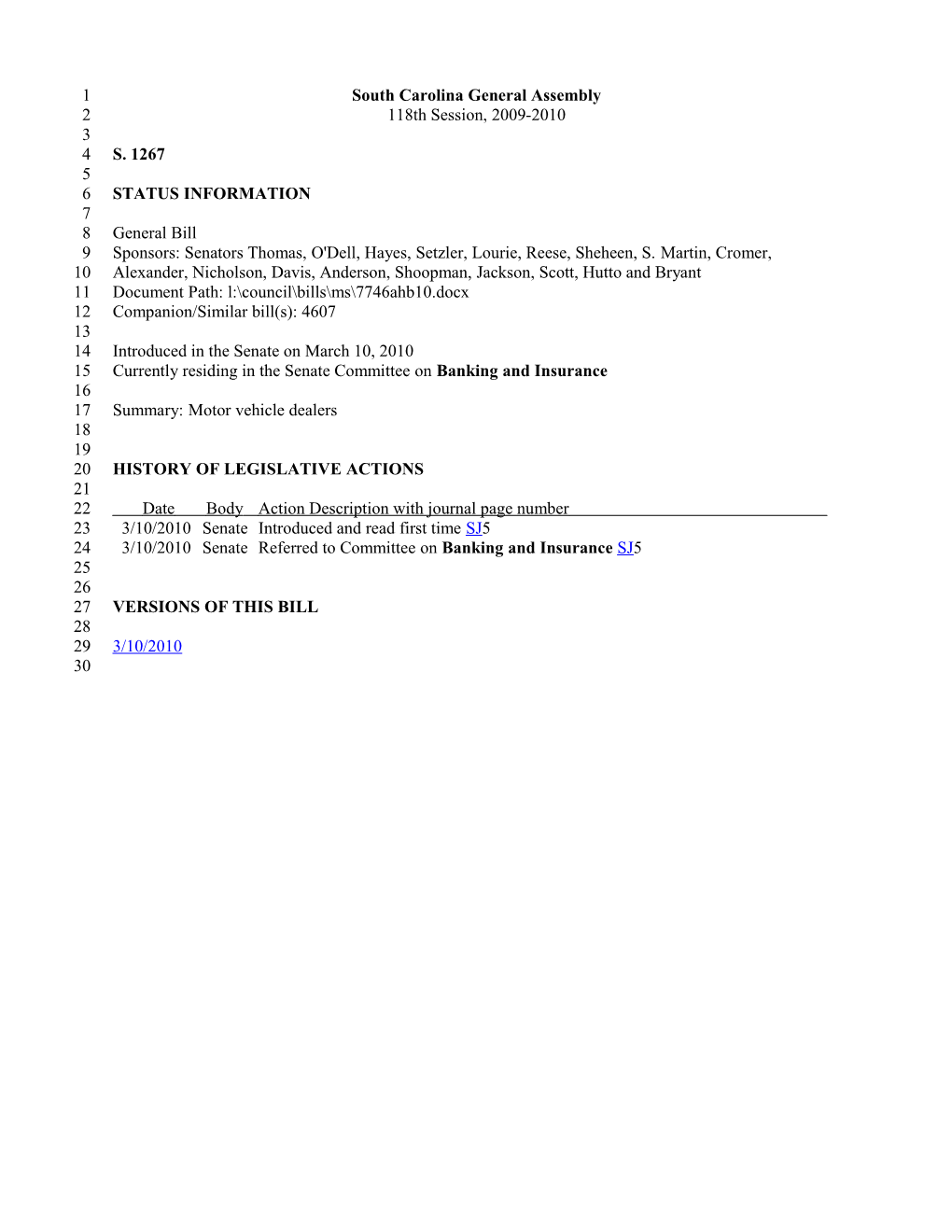2009-2010 Bill 1267: Motor Vehicle Dealers - South Carolina Legislature Online