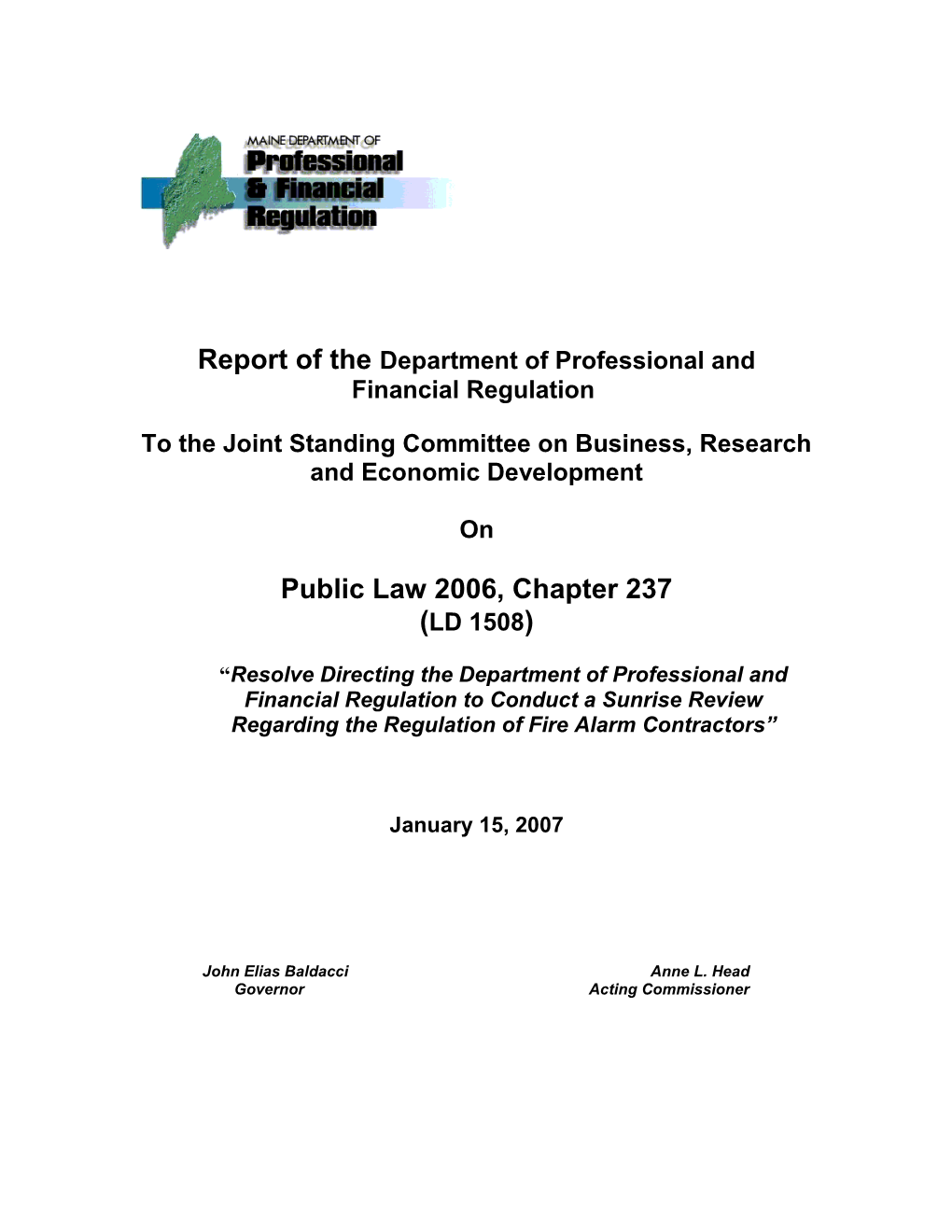 Report of the Department of Professional and Financial Regulation