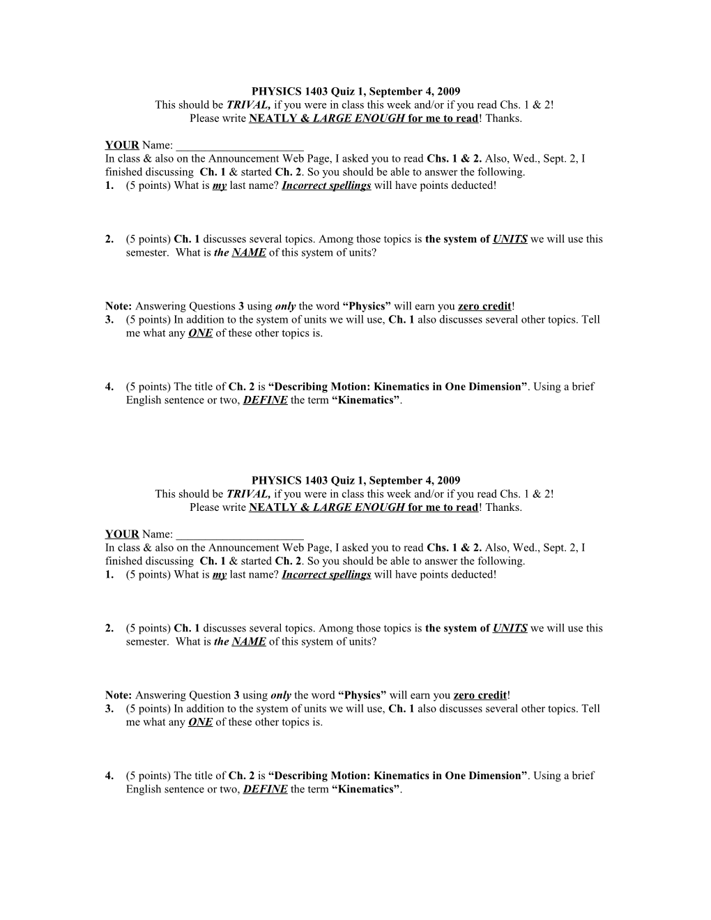 Supplementary Syllabus for Physics 1105-304 s1