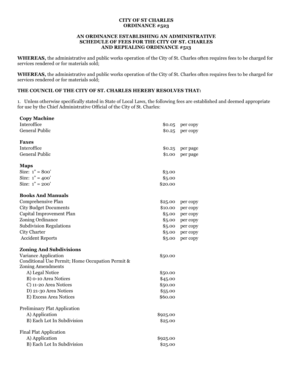 Schedule of Fees for the City of St. Charles