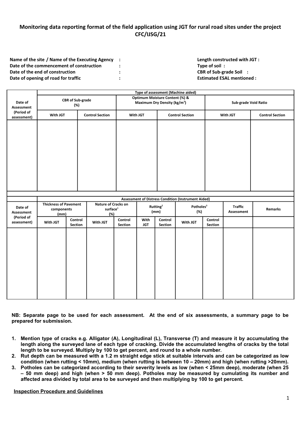 Monitoring Data Reporting Format of the Field Application Using JGT for Rural Road Sites