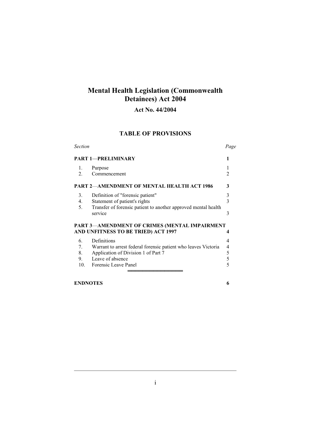 Mental Health Legislation (Commonwealth Detainees) Act 2004