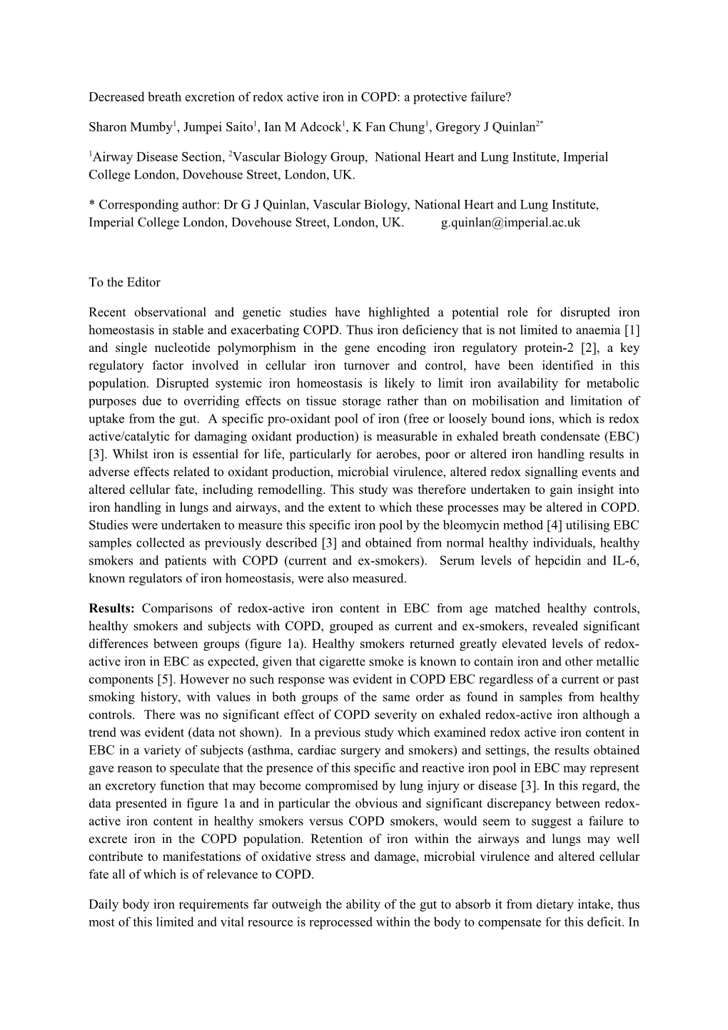 Decreased Breath Excretion of Redox Active Iron in COPD: a Protective Failure?