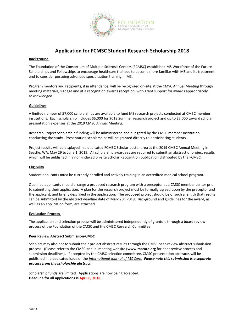Application for FCMSC Student Research Scholarship 2018