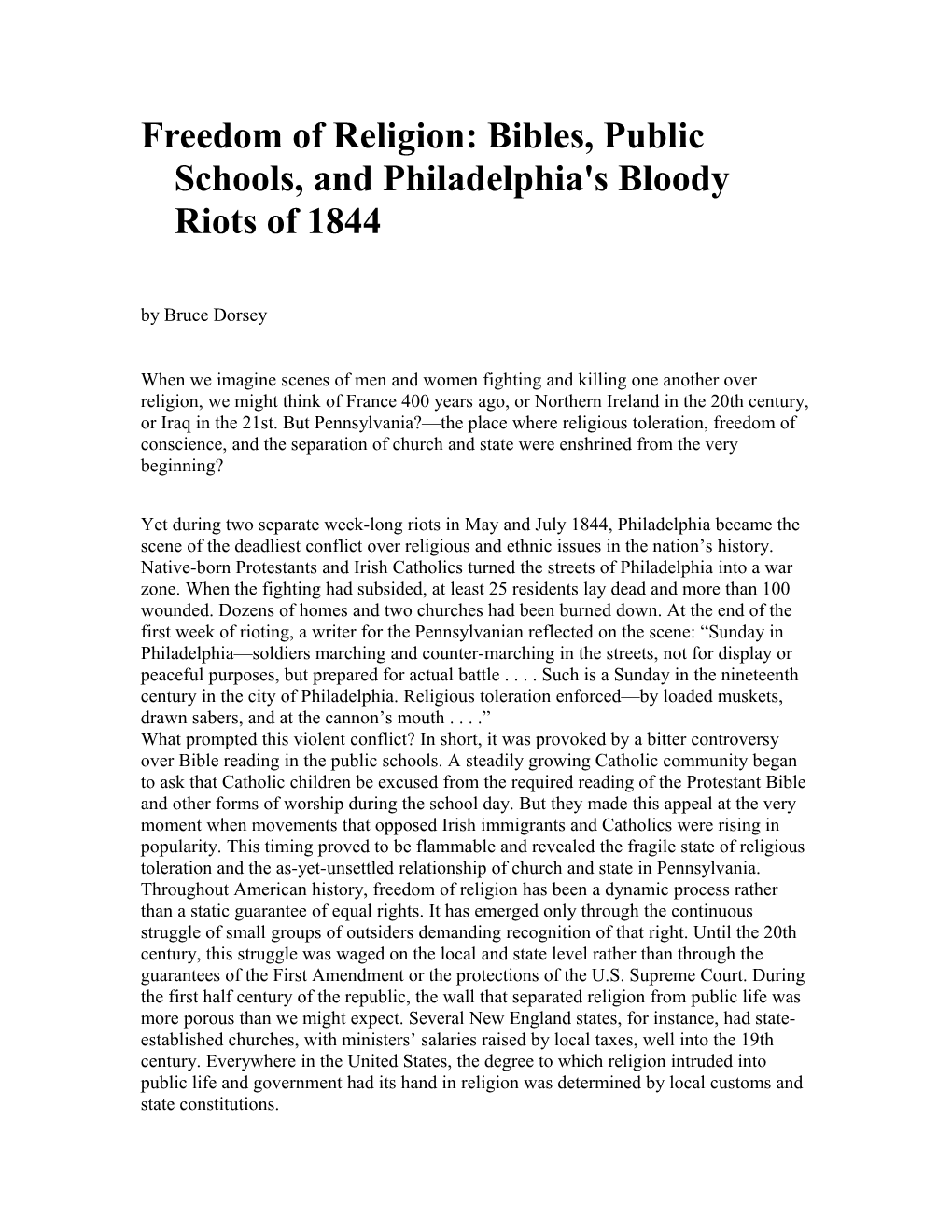Freedom of Religion: Bibles, Public Schools, and Philadelphia's Bloody Riots of 1844