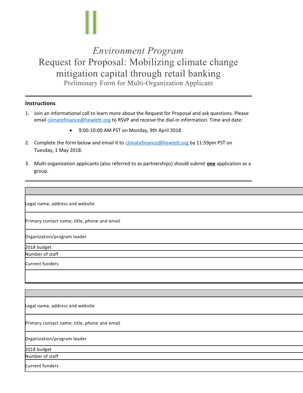 Request for Proposal: Mobilizing Climate Change Mitigation Capital Through Retail Banking