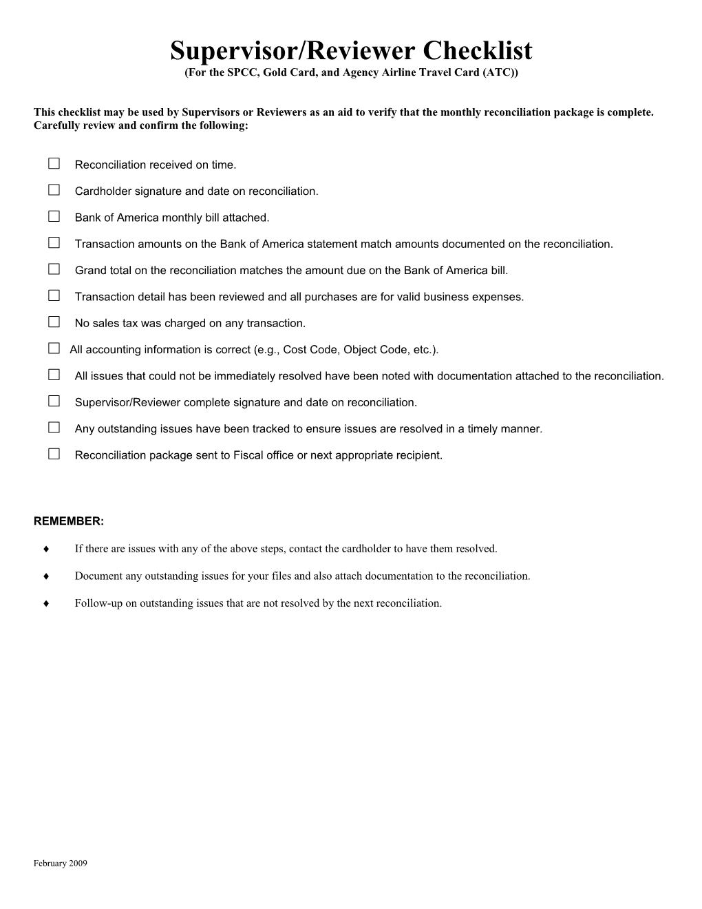 Supervisor/Reviewer Checklist