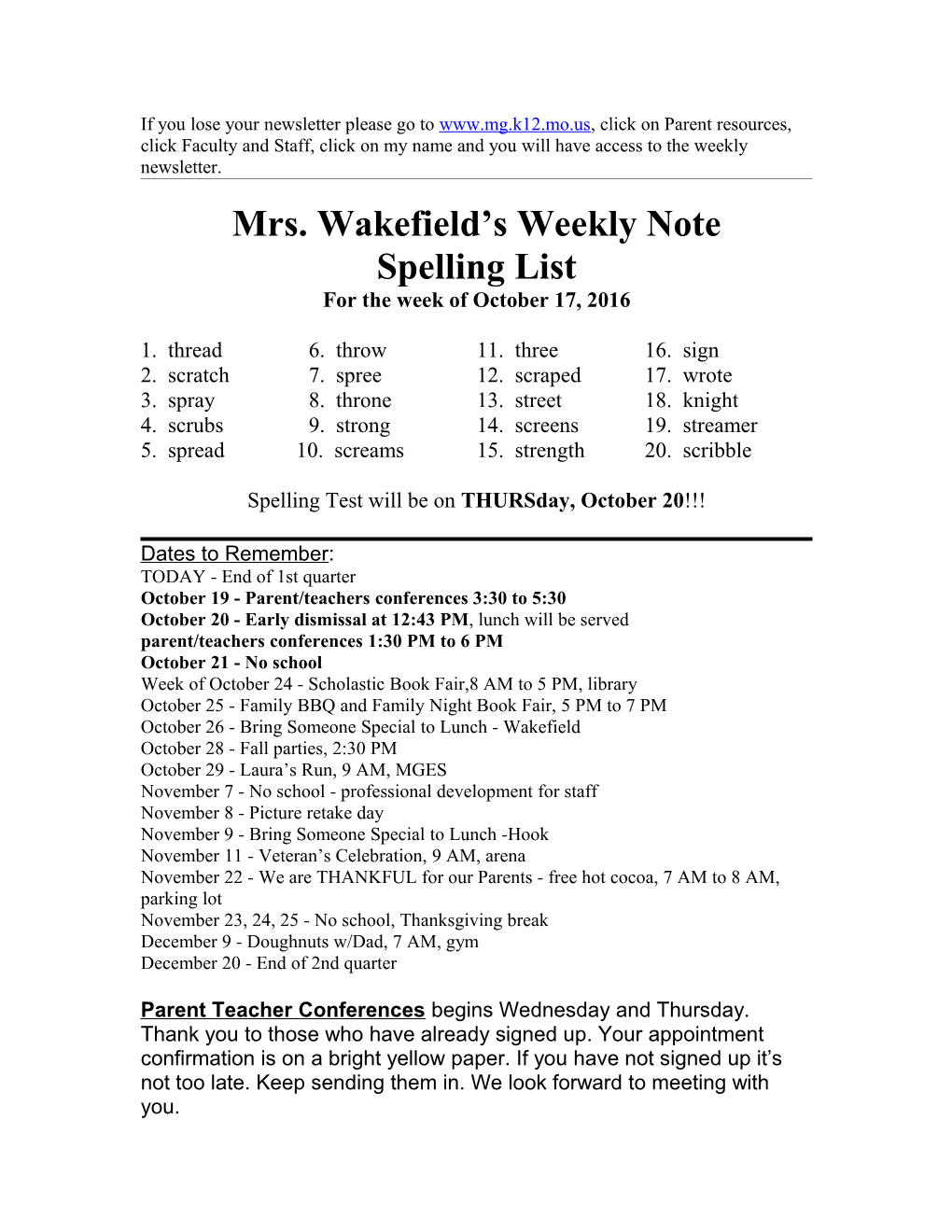 Mrs. Wakefield S Weekly Note s1