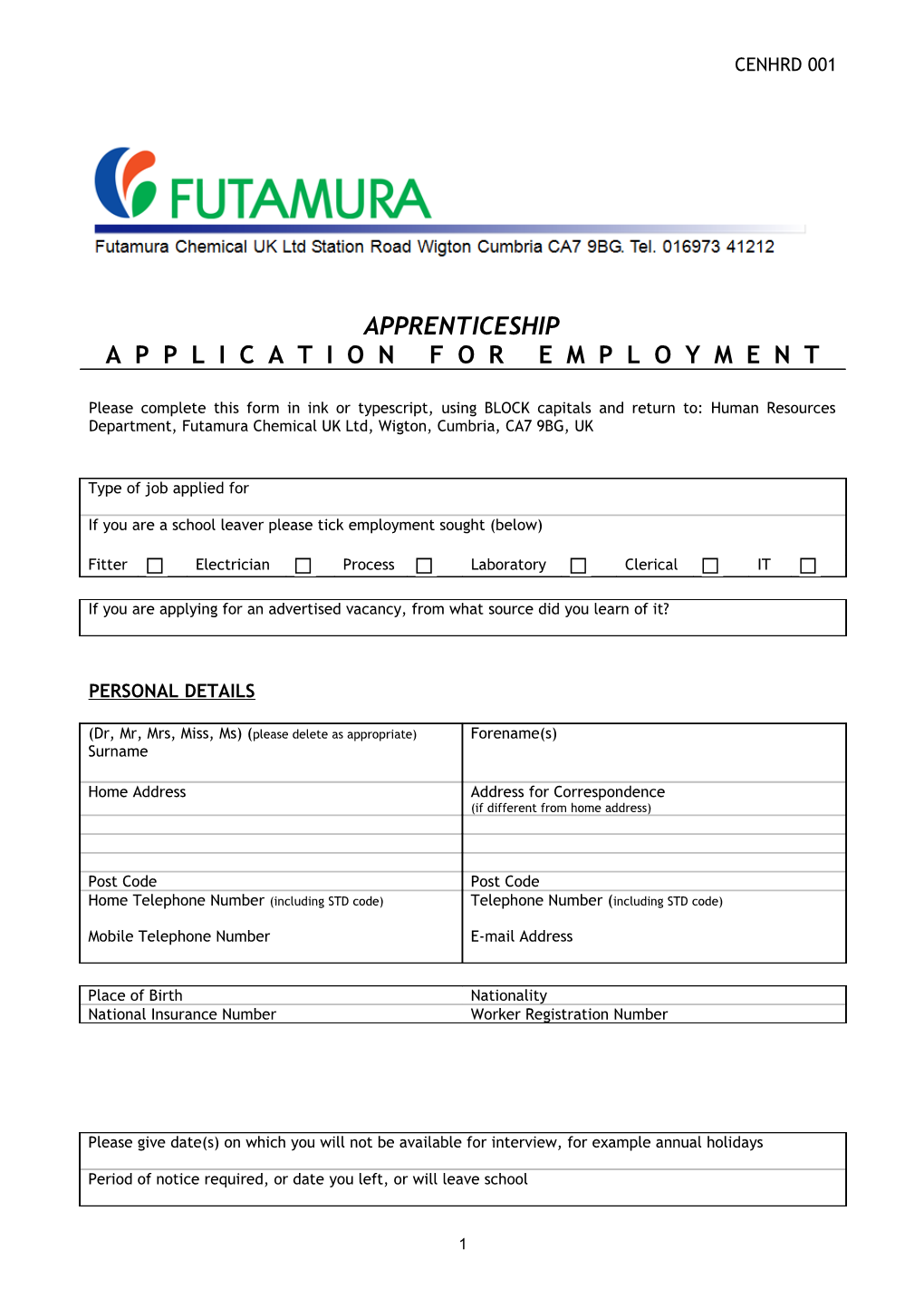 School Leaver/Hourly Paid Form