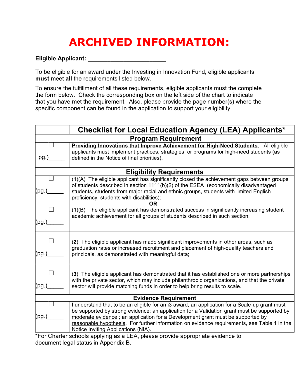 Archived Information: I3 Checklist for LEA Eligibility (MS WORD)