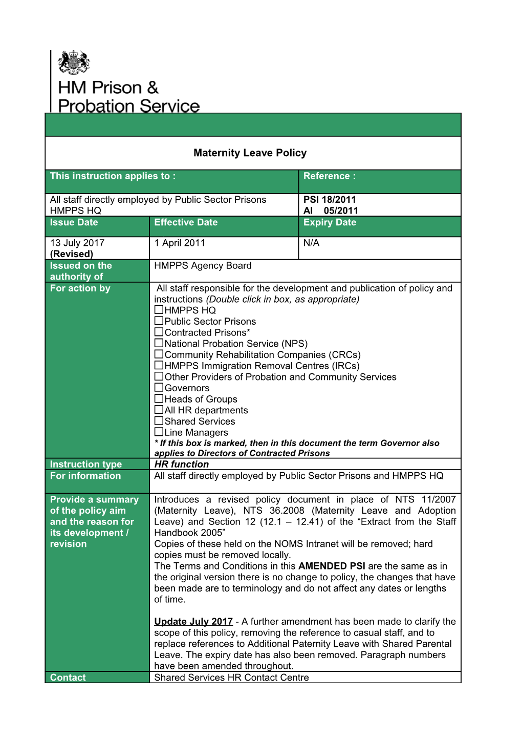 Maternity Support Leave Policy and Guidance