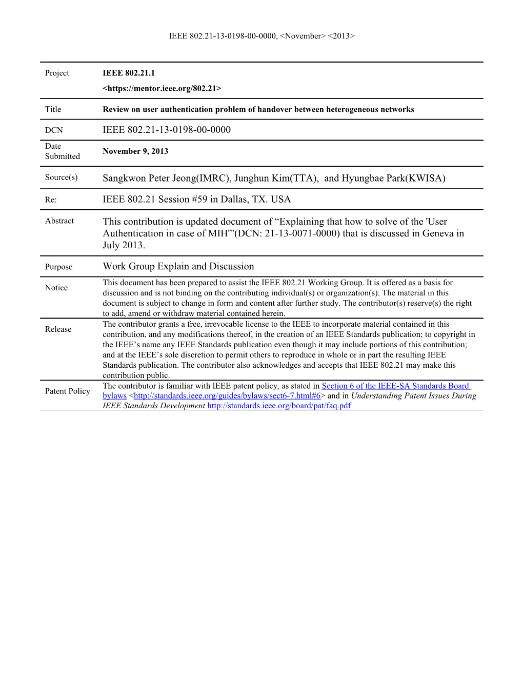 1. Solution for User Authentication Problem of Handover Between Heterogeneous Networks