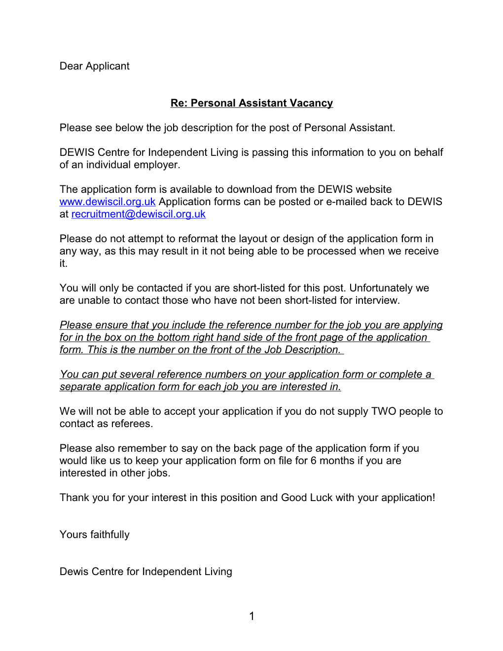 Re: Personal Assistant Vacancy
