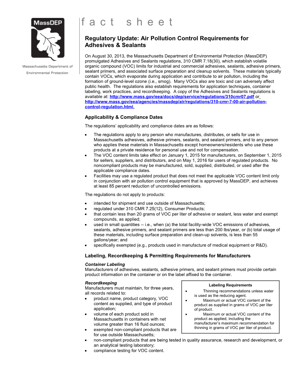 2013 Adhesives and Sealants Regulations Fact Sheet