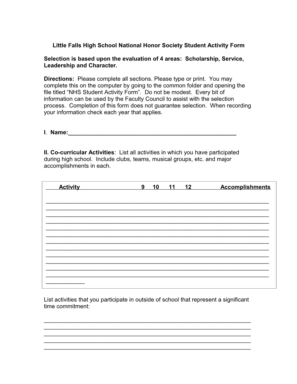 Little Falls High School National Honor Society Student Activity Form